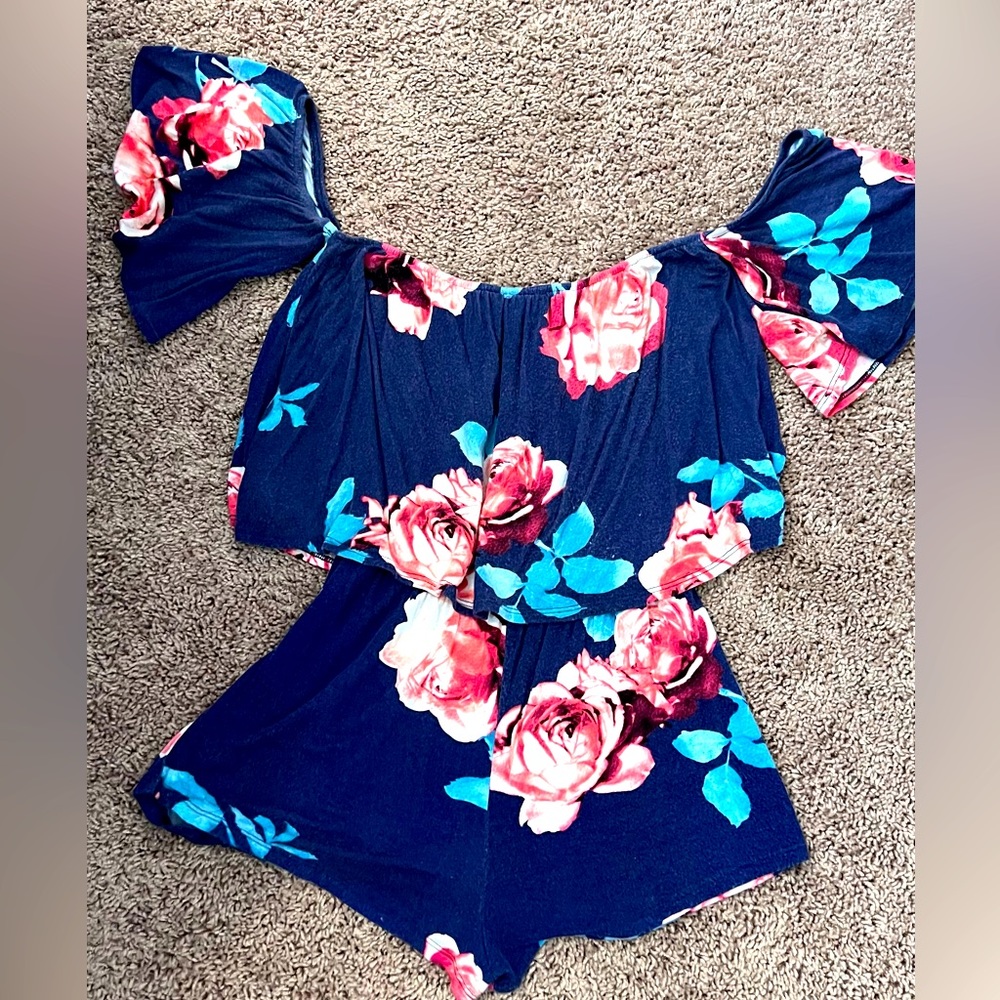 Blue flower cotton romper with off shoulder sleeves. So comfy!